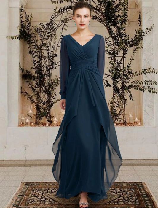 A-Line Mother of the Bride Dress Wedding Guest Plus Size Elegant V Neck Floor Length Chiffon Long Sleeve with Ruched Ruffles Side-Draped Fa