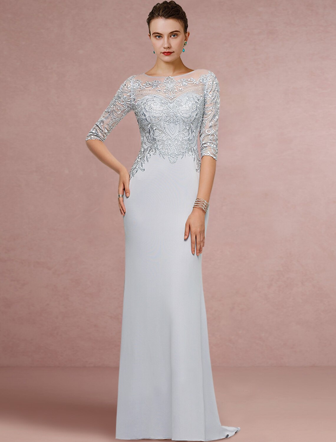 Sheath / Column Mother of the Bride Dress Wedding Guest Vintage Elegant Scoop Neck Sweep / Brush Train Chiffon Lace Half Sleeve with Sequin