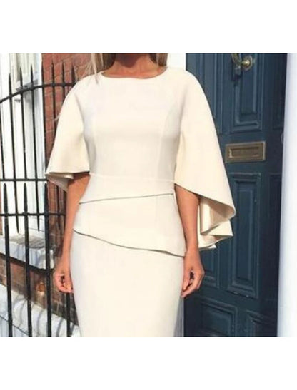 Sheath / Column Mother of the Bride Dress Fall Wedding Guest Simple Plus Size Elegant Jewel Neck Asymmetrical Knee Length Charmeuse Half Sleeve with Tier