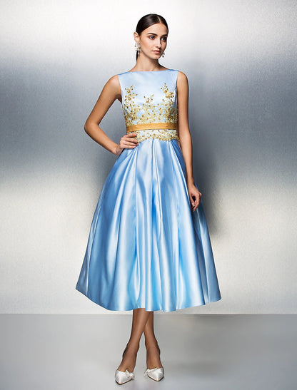 A-Line Cocktail Dresses Elegant Dress Wedding Guest Prom Tea Length Sleeveless Jewel Neck Satin V Back with Pleats Appliques