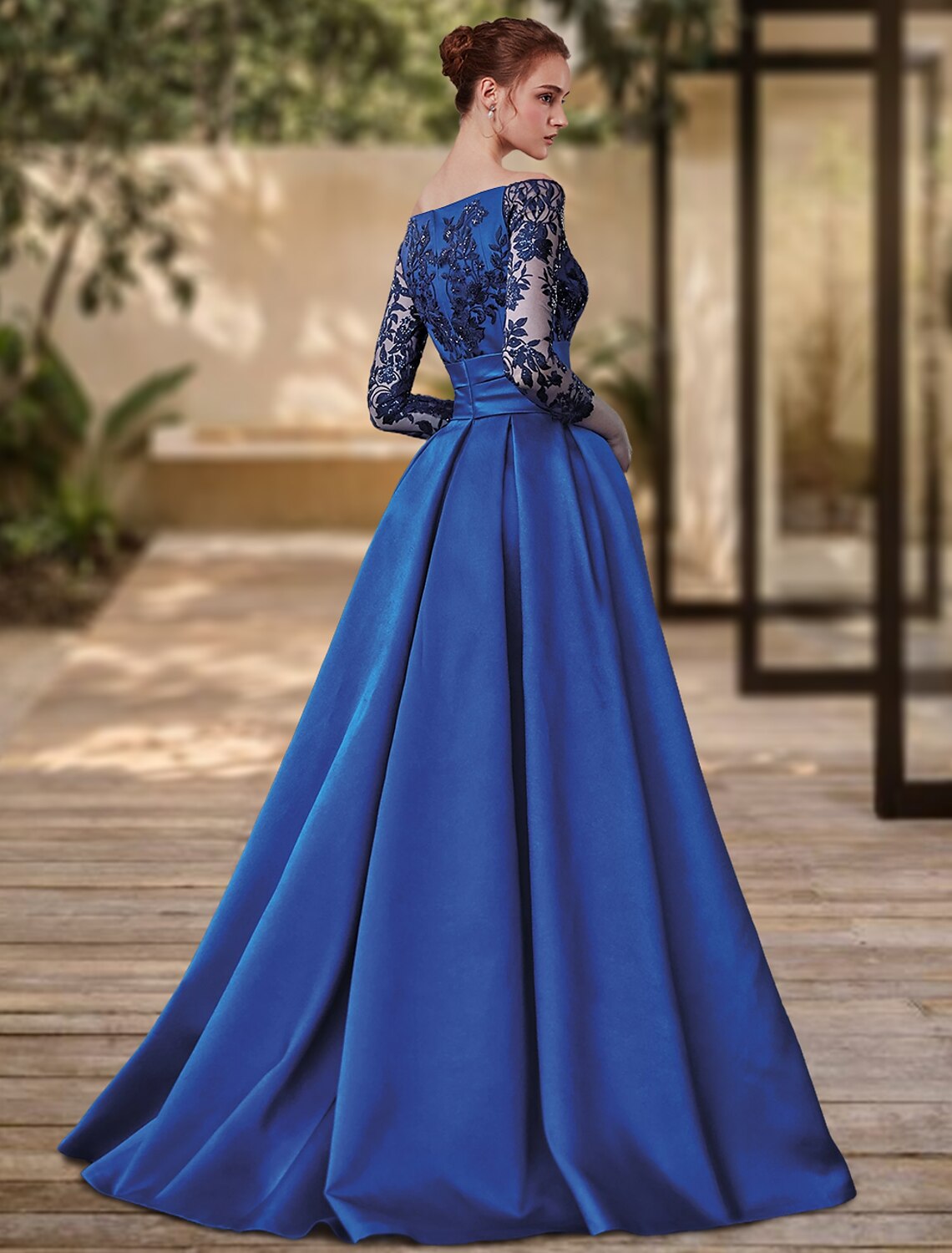 Sheath / Column Evening Gown High Split Dress Formal Wedding Guest Sweep / Brush Train 3/4 Length Sleeve Off Shoulder Charmeuse with Bow(s) Sequin Sl