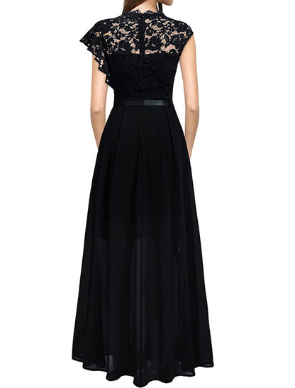 Women's Black Dress Prom Dress Party Dress Long Dress Maxi Dress Black Pink Wine Short Sleeve Pure Color Lace Spring Fall Winter Crew Neck Fashion Winter Dress Christmas Wedding Guest