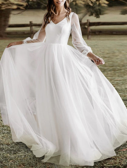 Hall Casual Boho Wedding Dresses A-Line V Neck Long Sleeve Floor Length Lace Bridal Gowns With Solid Color