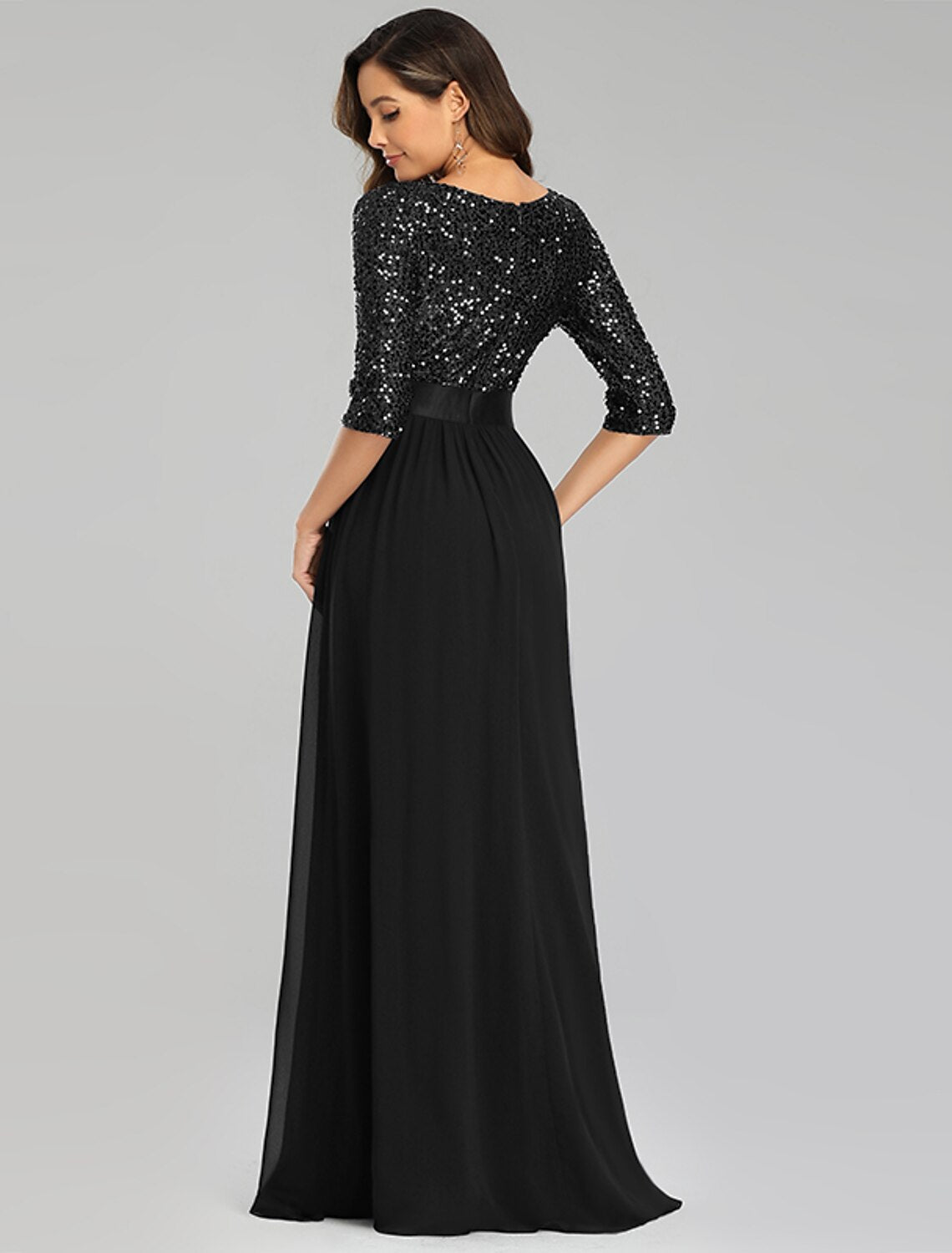 A-Line Mother of the Bride Dress Wedding Guest Plus Size Elegant Jewel Neck Floor Length Tulle Sequined 3/4 Length Sleeve with Sequin Fall