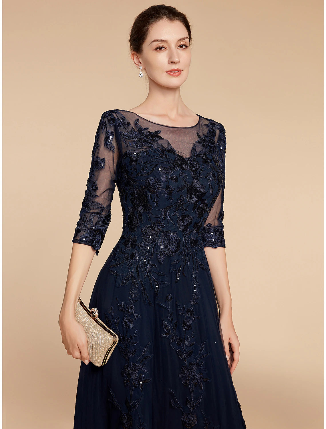 A-Line Mother of the Bride Dress Formal Wedding Guest Elegant Party Scoop Neck Floor Length Chiffon Lace 3/4 Length Sleeve with Sequin Appliques