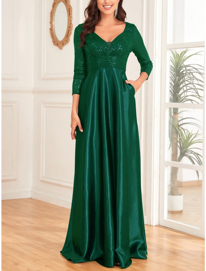 A-Line Mother of the Bride Dress Wedding Guest Elegant V Neck Floor Length Satin 3/4 Length Sleeve with Sequin Ruching