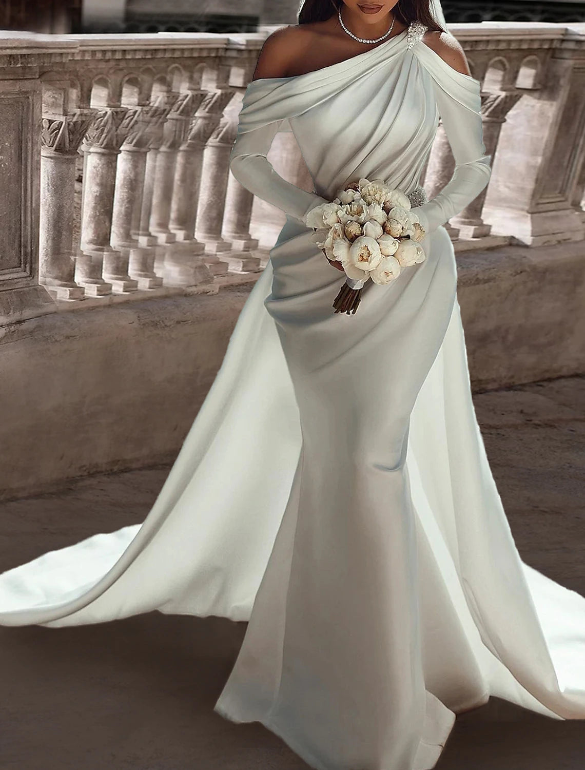 Formal Wedding Dresses Two Piece One Shoulder Long Sleeve Floor Length Satin Bridal Gowns With Sash / Ribbon Beading