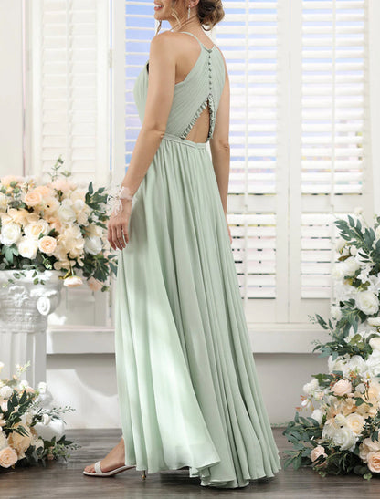 A-Line Bridesmaid Dress Halter Short Sleeve Elegant Floor Length Chiffon with Split Front / Ruching