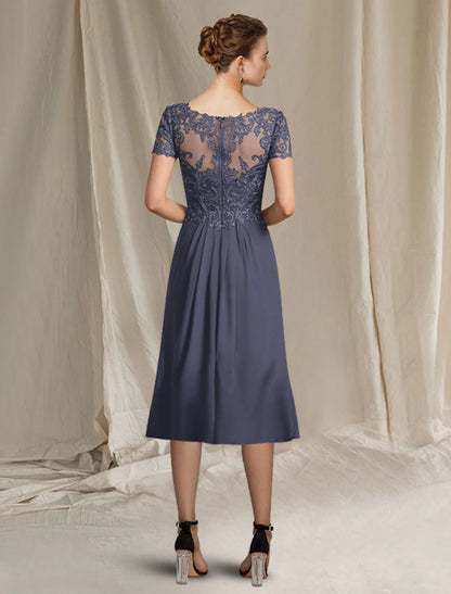 A-Line Mother of the Bride Dress Plus Size Elegant V Neck Tea Length Chiffon Lace Short Sleeve with Pleats Appliques