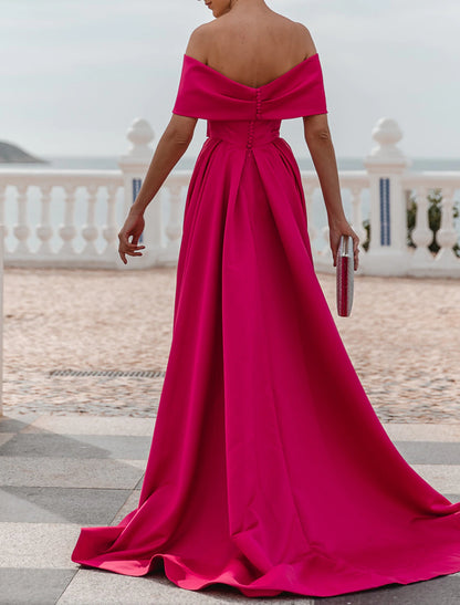 A-Line Evening Gown Elegant Dress Formal Wedding Court Train Sleeveless Off Shoulder Bridesmaid Dress Satin with Ruched Slit