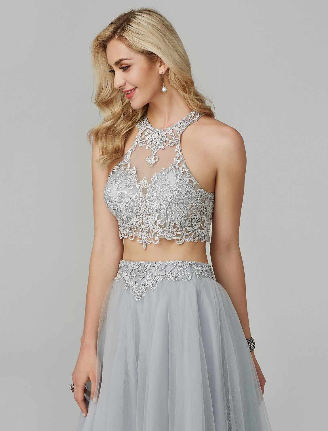 Two Piece Empire Dress Wedding Guest Prom Floor Length Sleeveless Halter Neck Lace with Appliques