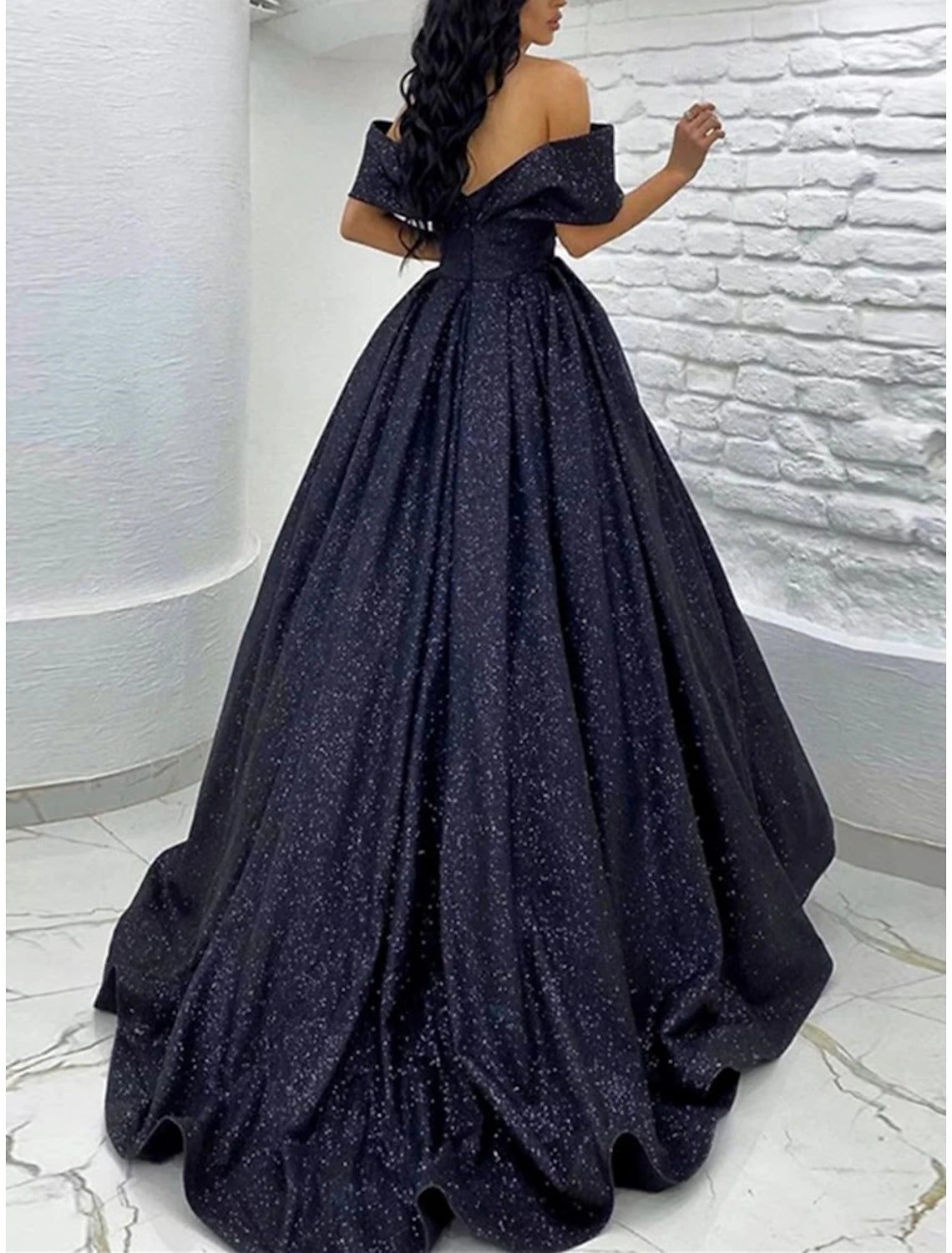 A-Line Prom Dresses Elegant Dress Black Tie Gala Sweep / Brush Train Short Sleeve Off Shoulder Sequined with Glitter Pleats