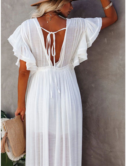 Women's Long Dress Maxi Dress Party Dress Casual Dress Swing Dress Pure Color Fashion Casual Outdoor Daily Vacation Ruffle Backless Short Sleeve V Neck Dress Loose Fit ArmyGreen White Red Summer