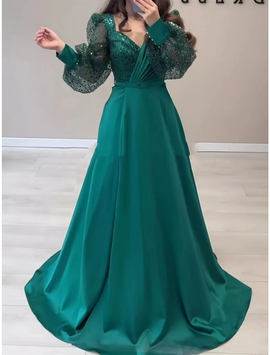 A-Line Evening Gown Elegant Dress Formal Fall Sweep / Brush Train Long Sleeve V Neck Satin with Glitter Pleats Strappy