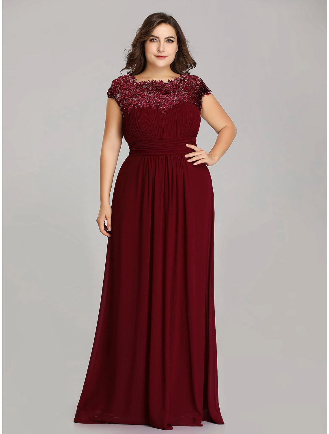 A-Line Mother of the Bride Dress Wedding Guest Plus Size Jewel Neck Floor Length Chiffon Short Sleeve with Lace Ruching Fall