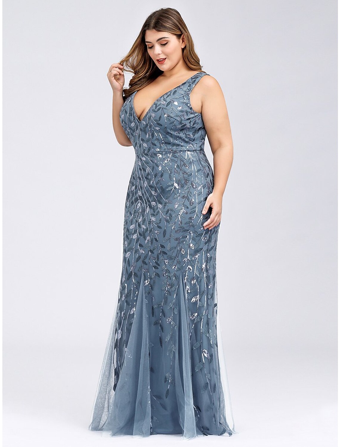 Mermaid / Trumpet Plus Size Sexy Prom Formal Evening Dress V Neck Sleeveless Floor Length Tulle with Appliques