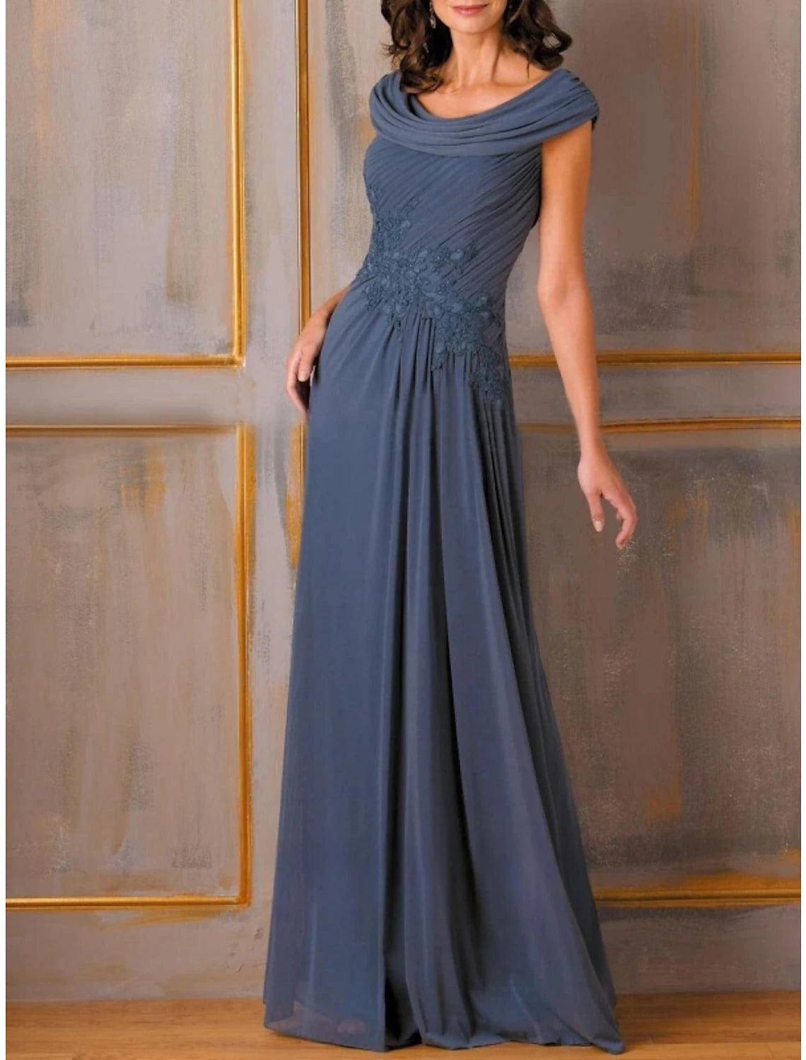 A-Line Evening Gown Party Dress Elegant Dress Formal Fall Floor Length Short Sleeve Scoop Neck Chiffon with Pleats Ruched Appliques 2023