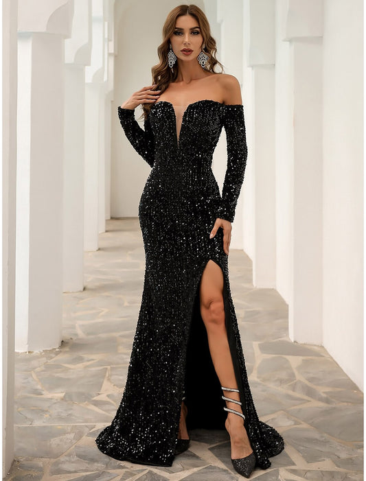 Black Formal A-Line Evening Gown Sparkle & Shine Dress Fall Sweep / Brush Train Long Sleeve Off Shoulder Velvet with Sequin Slit