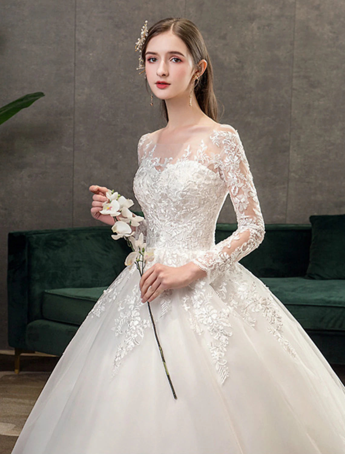 Engagement Formal Fall Wedding Dresses Ball Gown Illusion Neck Long Sleeve Cathedral Train Lace Bridal Gowns With Pleats Appliques  Summer Wedding Party, Women's Clothing