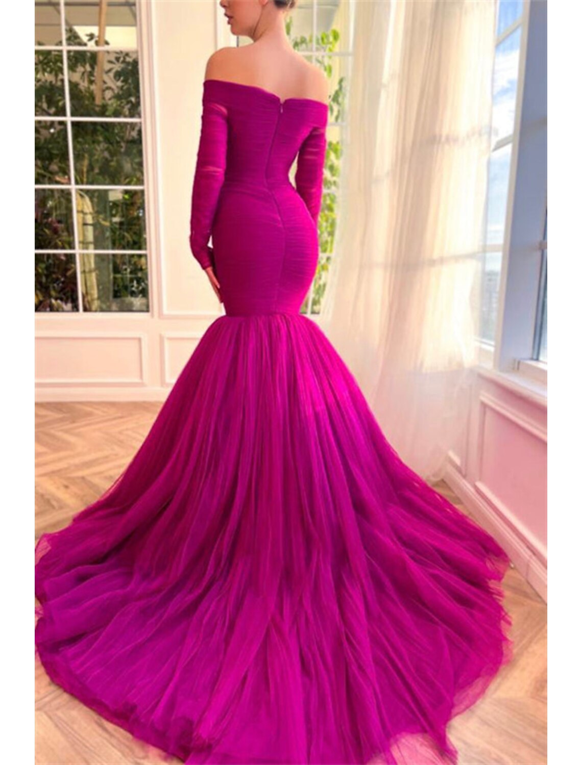 Mermaid / Trumpet Evening Gown Elegant Dress Wedding Guest Wedding Party Court Train Long Sleeve Off Shoulder Tulle with Ruched