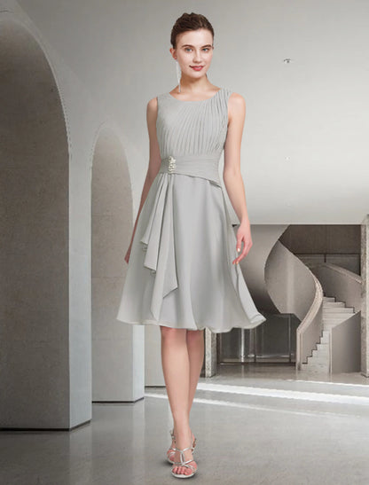 Two Piece A-Line Mother of the Bride Dress Church Elegant Jewel Neck Knee Length Chiffon Sleeveless with Pleats Ruched