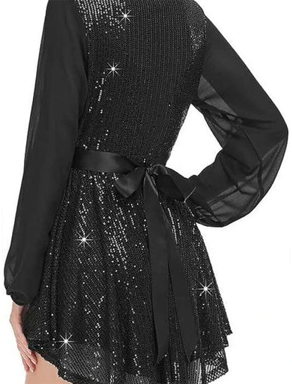 Women's Black Dress Sequin Dress Party Dress Mini Dress Black White Long Sleeve Pure Color Sequins Spring Fall Winter V Neck Fashion Winter Dress Wedding Guest Evening Party