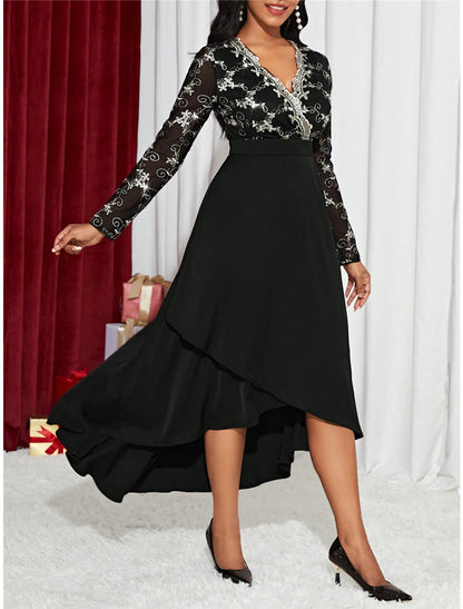 Women‘s Black Dress Prom Dress Party Dress Long Dress Maxi Dress Black Long Sleeve Lace Spring Fall Winter V Neck Fashion Wedding Guest Evening Party Black Cocktail Dress