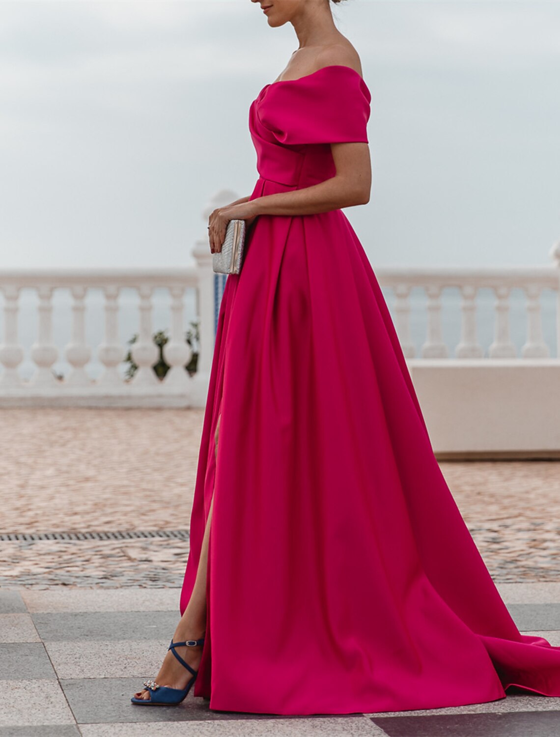 A-Line Evening Gown Elegant Dress Formal Wedding Court Train Sleeveless Off Shoulder Bridesmaid Dress Satin with Ruched Slit