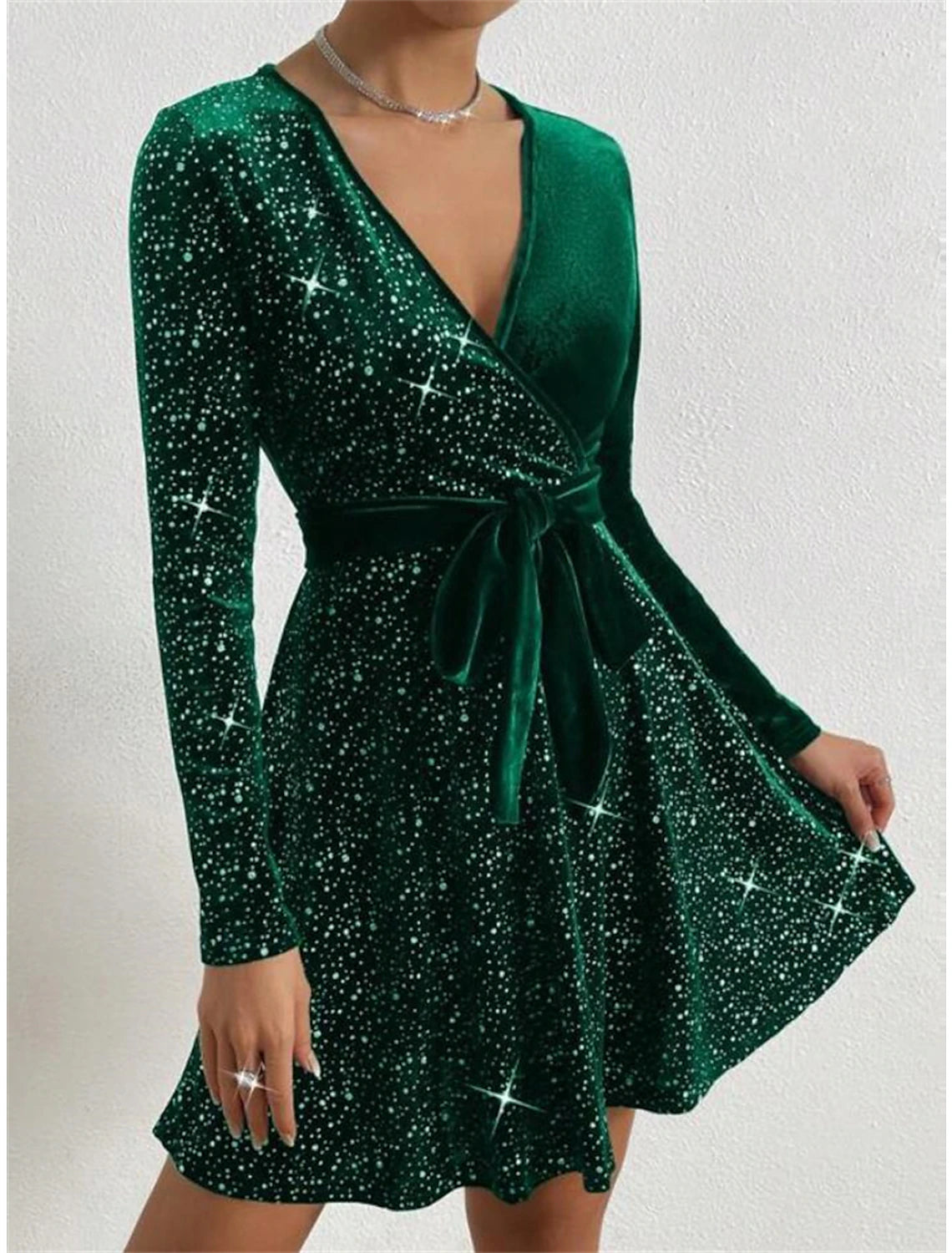 Women's Velvet Dress Party Dress Cocktail Dress Mini Dress Black Blue Green Long Sleeve Pure Color Lace up Spring Fall Winter V Neck Fashion Winter Dress Christmas Wedding Guest