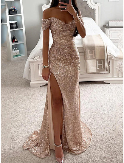 Women's Prom Dress Party Dress Sequin Dress Long Dress Maxi Dress Champagne Short Sleeve Pure Color Sequins Spring Fall Winter Off Shoulder Fashion Winter Dress Wedding Guest Evening Party