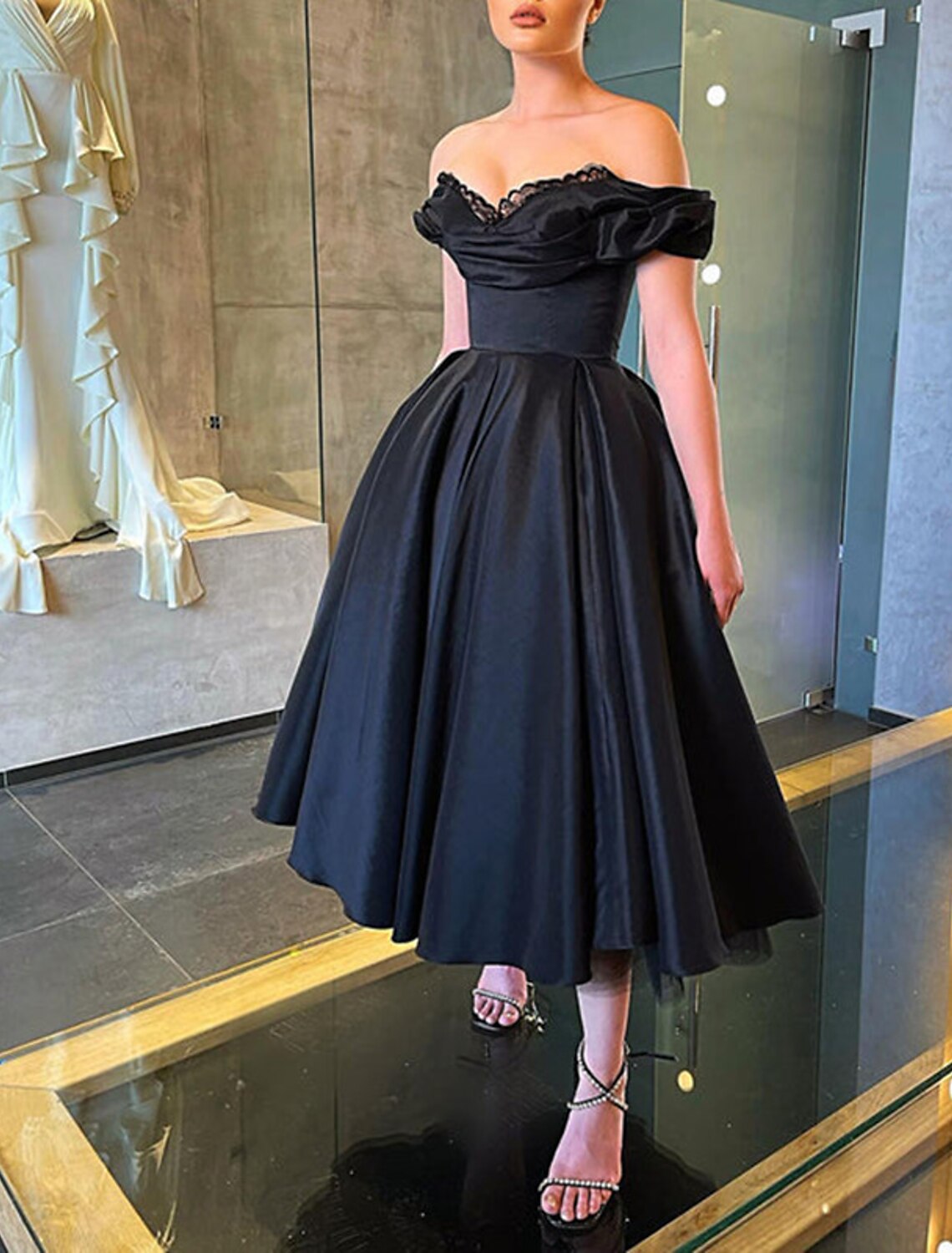 A-Line Prom Black Dress Vintage Dress Masquerade Wedding Party Tea Length Short Sleeve Off Shoulder Fall Wedding Guest Satin with Ruched