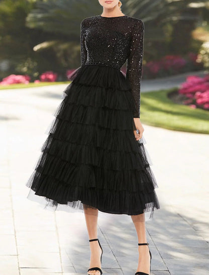 A-Line Cocktail Dresses Elegant Dress Wedding Guest Party Wear Tea Length Long Sleeve Jewel Neck Fall Wedding Guest Tulle with Sequin Tiered