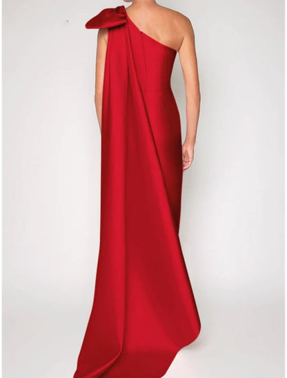 Sheath / Column Evening Gown Elegant Dress Formal Sweep / Brush Train Sleeveless One Shoulder Satin with Shouder Flower