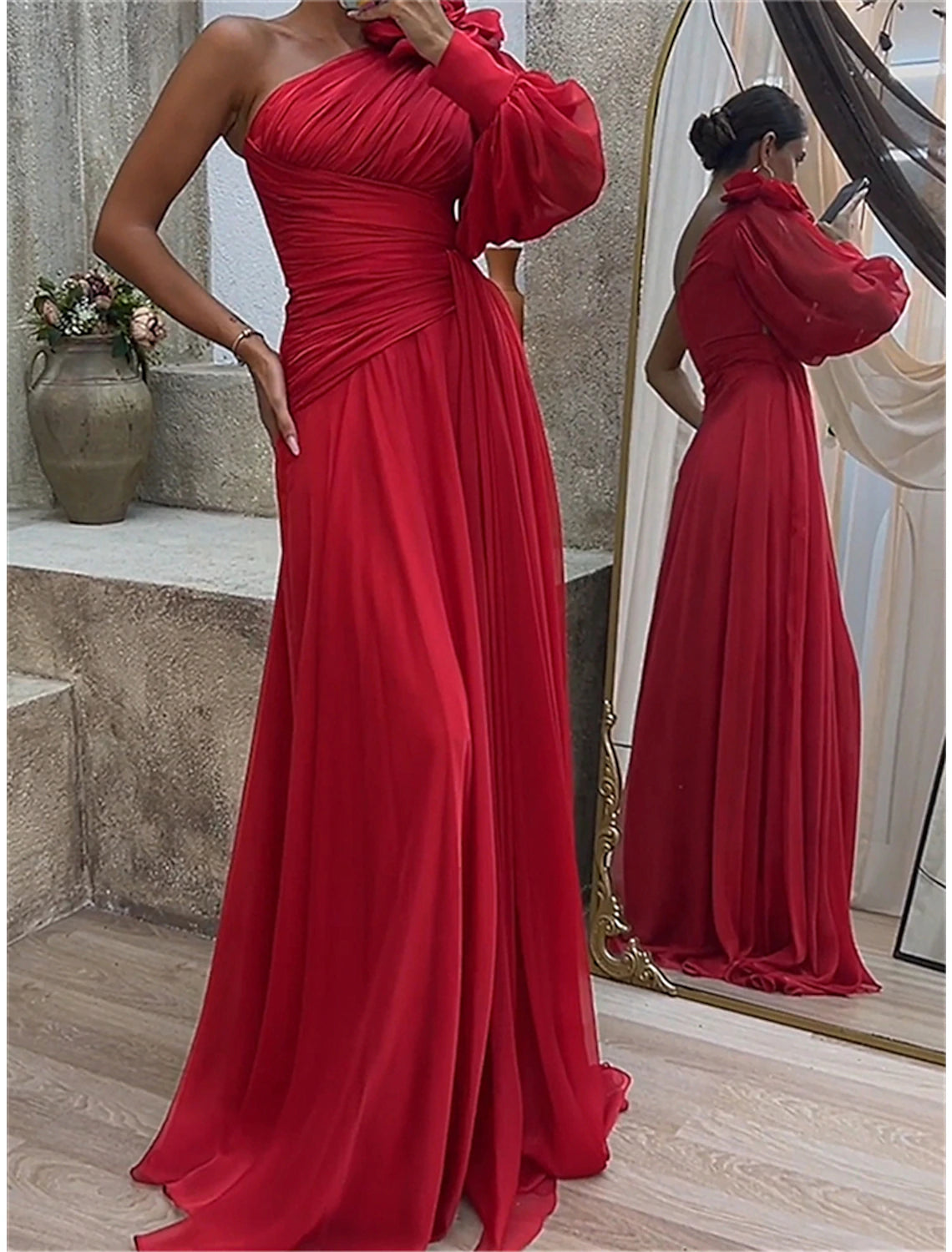 Women's Prom Dress Party Dress Wedding Guest Dress Long Dress Maxi Dress Red Long Sleeve Pure Color Ruched Spring Fall Winter One Shoulder Red Valentines Dress Valentine's Day Wedding Guest Evening