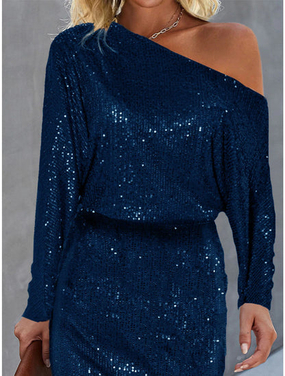 Women's Silver Sequin Dress Party Dress Sparkly Dress Christmas Cocktail Dress Midi Dress Silver Navy Blue Emerald Green Long Sleeve Sparkly Glitter Spring Fall Winter Cold Shoulder