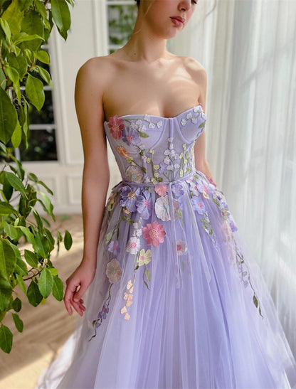 A-Line Evening Gown Floral Dress Wedding Court Train Sleeveless Strapless Tulle with Appliques