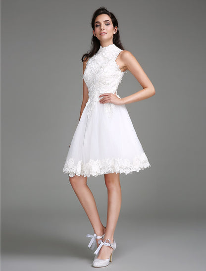 Little White Dresses Wedding Dresses Knee Length A-Line Regular Straps High Neck Lace With Lace  Bridal Gowns