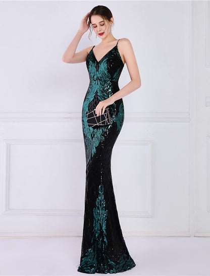 Mermaid / Trumpet Evening Gown Sparkle & Shine Dress Formal Wedding Guest Floor Length Sleeveless Spaghetti Strap Sequined with Sequin