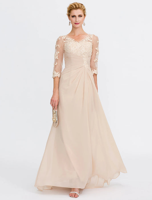 A-Line Mother of the Bride Dress Fall Wedding Guest Dresses Plus Size Elegant See Through V Neck Floor Length Chiffon Half Sleeve with Appliques Side Draping