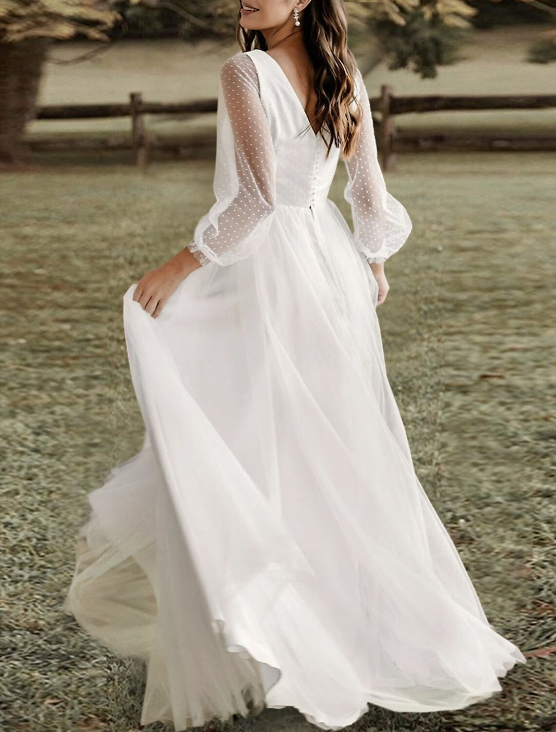 Hall Casual Boho Wedding Dresses A-Line V Neck Long Sleeve Floor Length Lace Bridal Gowns With Solid Color