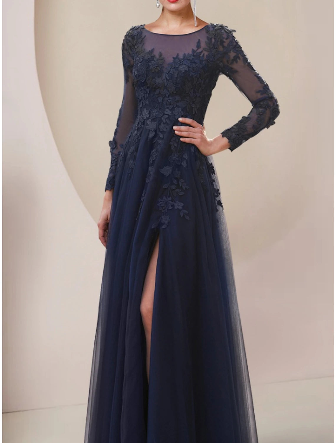 A-Line Mother of the Bride Dress Wedding Guest Elegant Scoop Neck Ankle Length Lace Tulle Long Sleeve with Split Front Ruchin