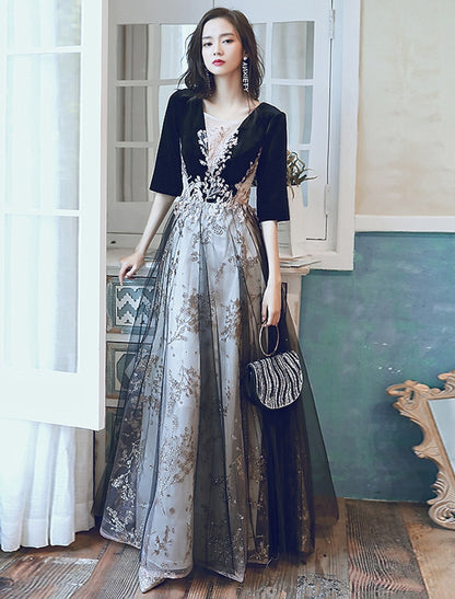 A-Line Glittering Cut Out Party Wear Formal Evening Dress Illusion Neck Half Sleeve Floor Length Velvet with Sequin Appliques