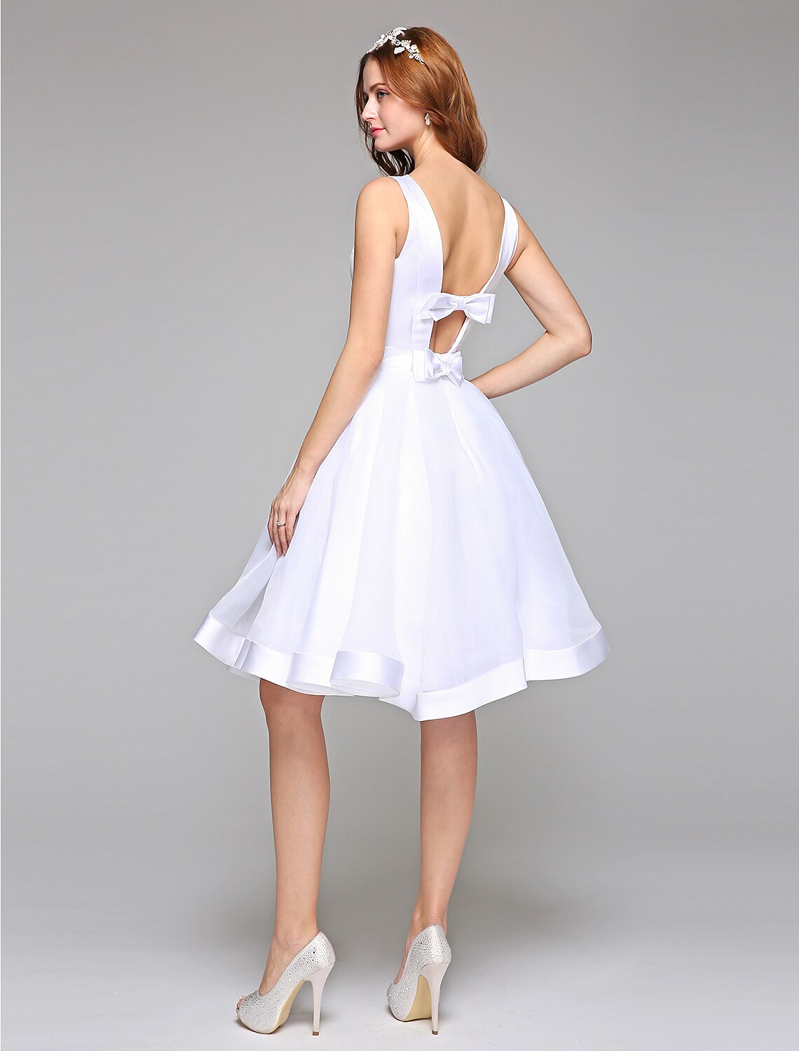 Wedding Dresses A-Line Bateau Neck Regular Straps Knee Length Satin Bridal Gowns With Bowknot Sash / Ribbon