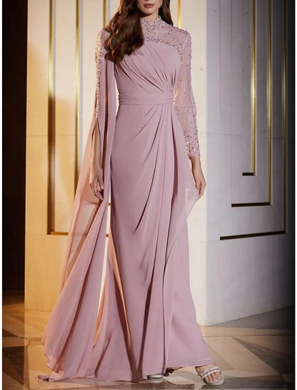 A-Line Evening Gown Elegant Dress Formal Sweep / Brush Train Long Sleeve Jewel Neck Chiffon with Pleats Sequin