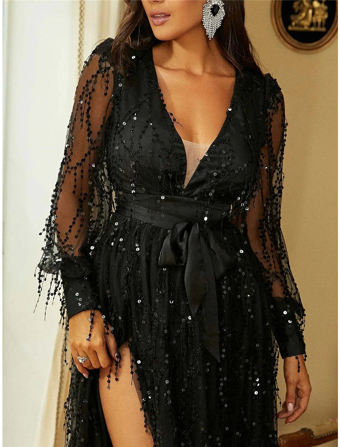 Women's Gold Sequin Dress Gold Dress Prom Dress Party Dress Sparkly Dress Prom Dress Dress Long Dress Maxi Dress Black Red Long Sleeve Spring Fall Winter V Neck Fashion