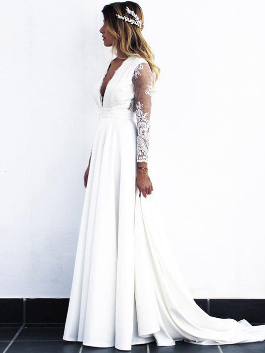 A-Line/Princess Stretch Crepe Lace V-neck Long Sleeves Sweep/Brush Train Wedding Dresses