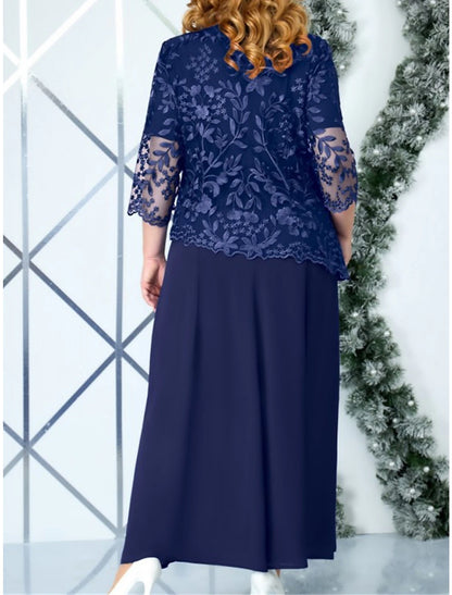 Women's Plus Size Party Dress Lace Dress Cocktail Dress Midi Dress Navy Blue 3/4 Length Sleeve Pure Color Lace Spring Fall Winter Crew Neck Fashion Winter Dress Wedding Guest Vacation