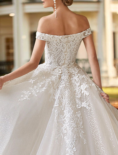 Engagement Formal Wedding Dresses Two Piece Off Shoulder Cap Sleeve Court Train Satin Bridal Gowns With Beading Appliques