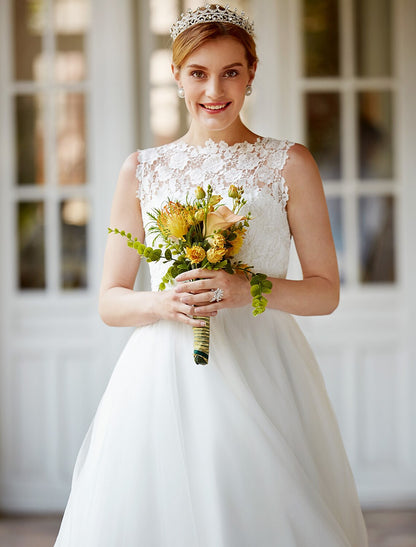 Reception Little White Dresses Wedding Dresses A-Line Illusion Neck Sleeveless Tea Length Lace Bridal Gowns With Sashes / Ribbons Buttons