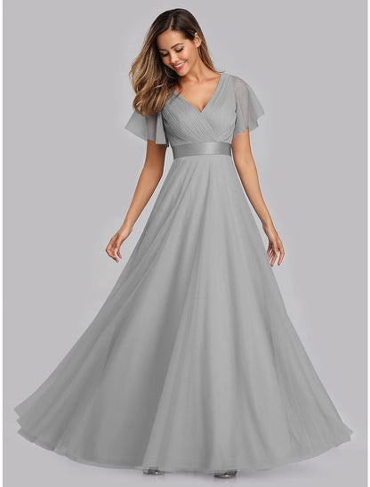 A-Line Empire Wedding Guest Prom Dress V Neck V Back Short Sleeve Floor Length Chiffon with Pleats Ruche